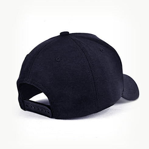 Black 5 Panel Cap, showing adjustable plastic snap closure at the back